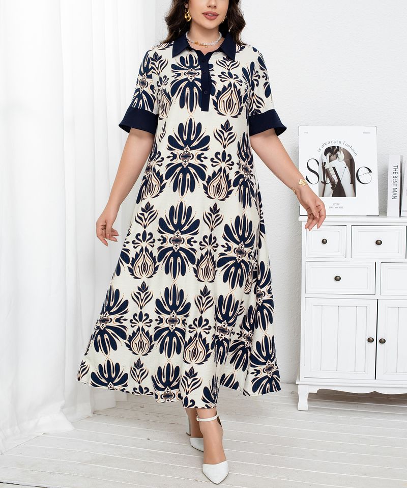 Elegant Plus Size Floral Print Shirt Dress – A-Line Midi Length, Breathable Polyester, Button Detail For Work & Vacation (0XL-4XL_voghion.com