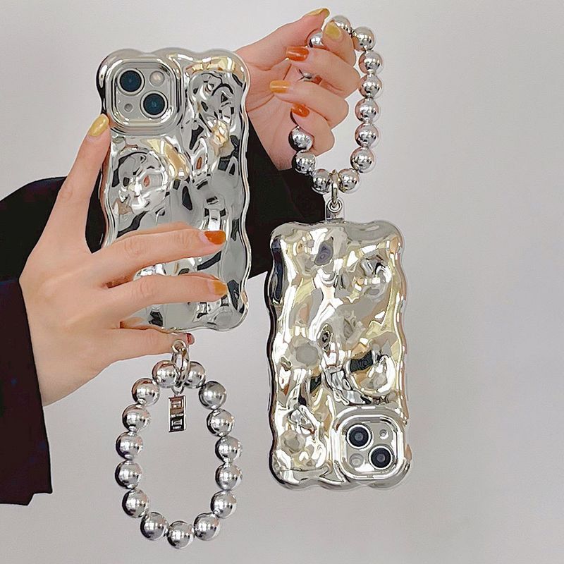 Custodia di lusso con motivo meteorite 3D elettroplaccato per iPhone 16 15 14 13 11 12 Pro Max, custodia antiurto in argento con bracciale con perline rotonde_voghion.com