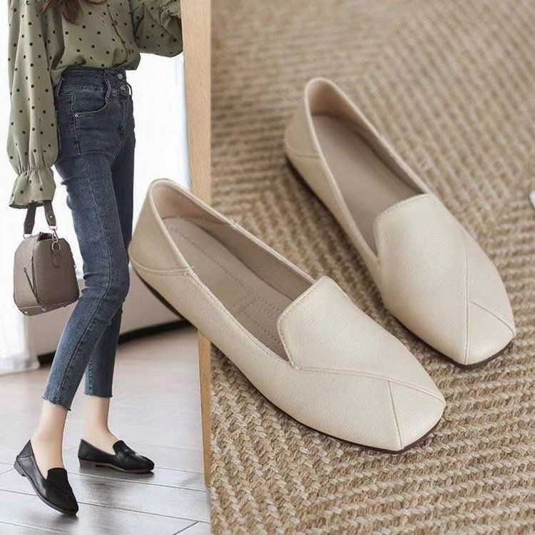 Square-headed Single Shoes Female Lazy Person Pedals British Shoes Trendy Soft-soled Fairy Small Leather Shoes_voghion.com