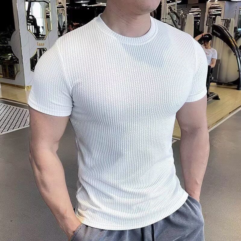 Men's Short-sleeved T-shirt Summer New Slim-fit Business Casual Fashion Versatile High-end Striped Crew Neck Bottoming Shirt_voghion.com