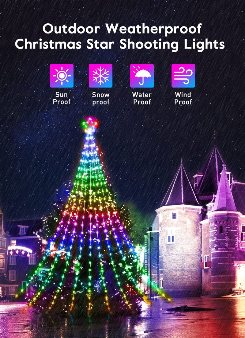 Holiday Lighting Smart Bluetooth Five Pointed Star Waterfall Light 3.6m Christmas Decoration Hanging Tree Trailer Light LED Starry Sky Flowing Water_voghion.com