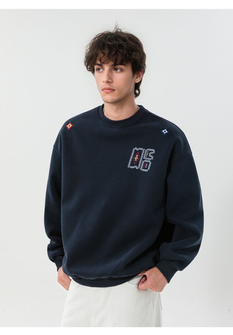 Ethnic Style Contrast Color Embroidered Heavyweight Crewneck Sweatshirt Men's Autumn Fashion Loose Fit Pullover Top_voghion.com