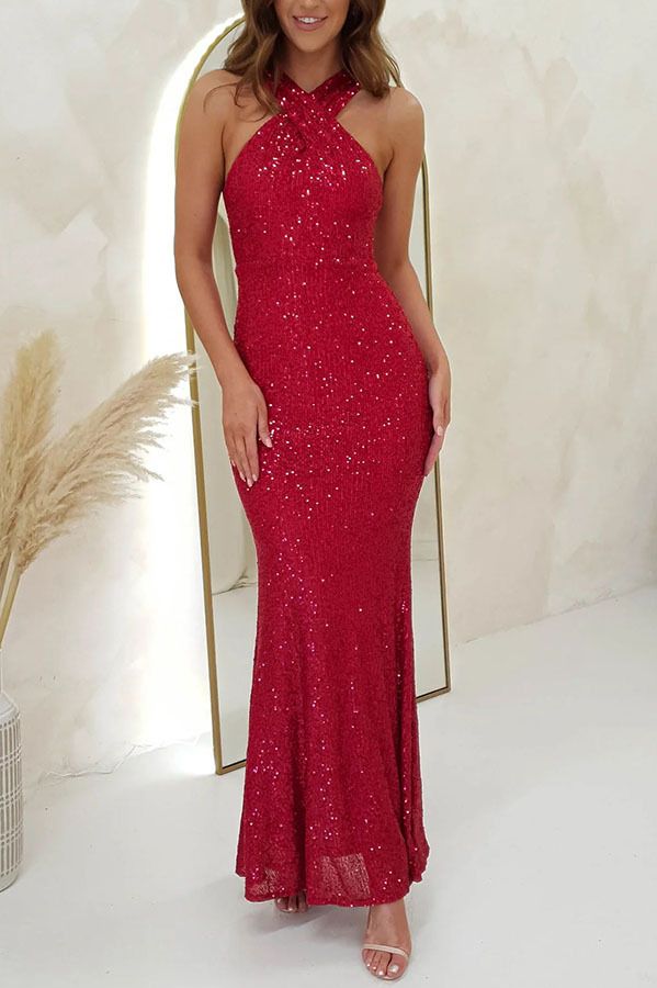 Sexy rückenfreies ärmelloses langes Abendkleid mit Pailletten für Damen_voghion.com