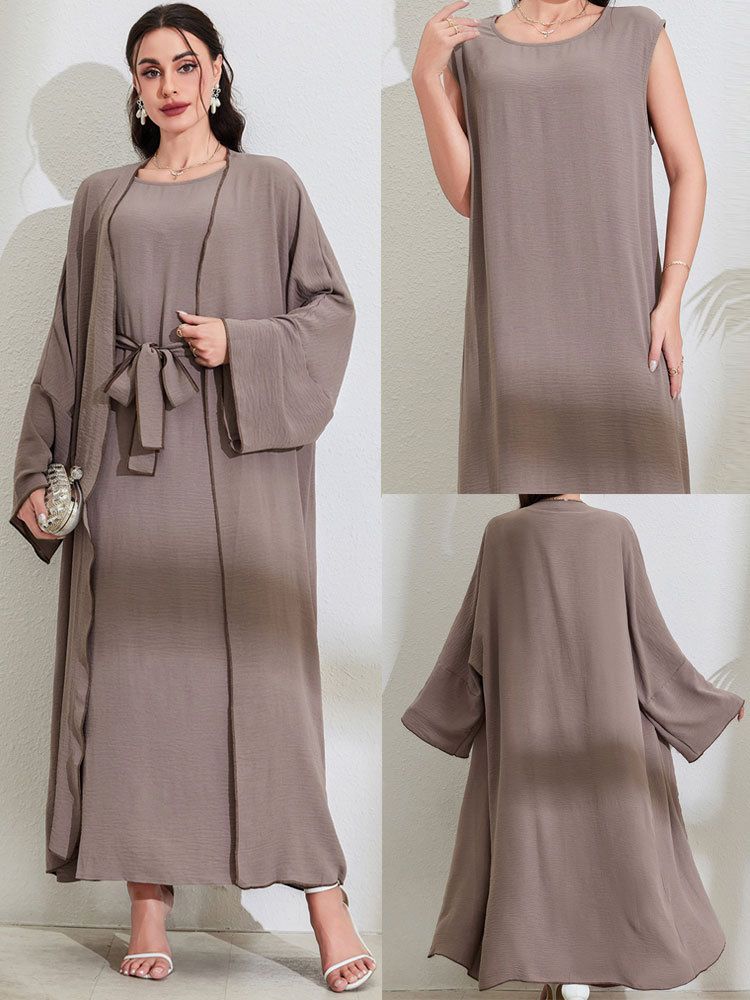 Dammekleeder Elegant oppent Cardigankleed mat Rimm Moslemesch Moud Laangmantel Polyester Stoff Laangärmkleed_voghion.com