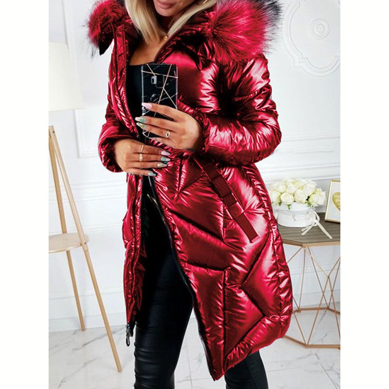 Elegante cappotto in PU con maniche lunghe e finiture in pelliccia sintetica per donna - Giacca invernale slim fit con finitura lucida, calda ed elegante (nero, blu, verde scuro)_voghion.com