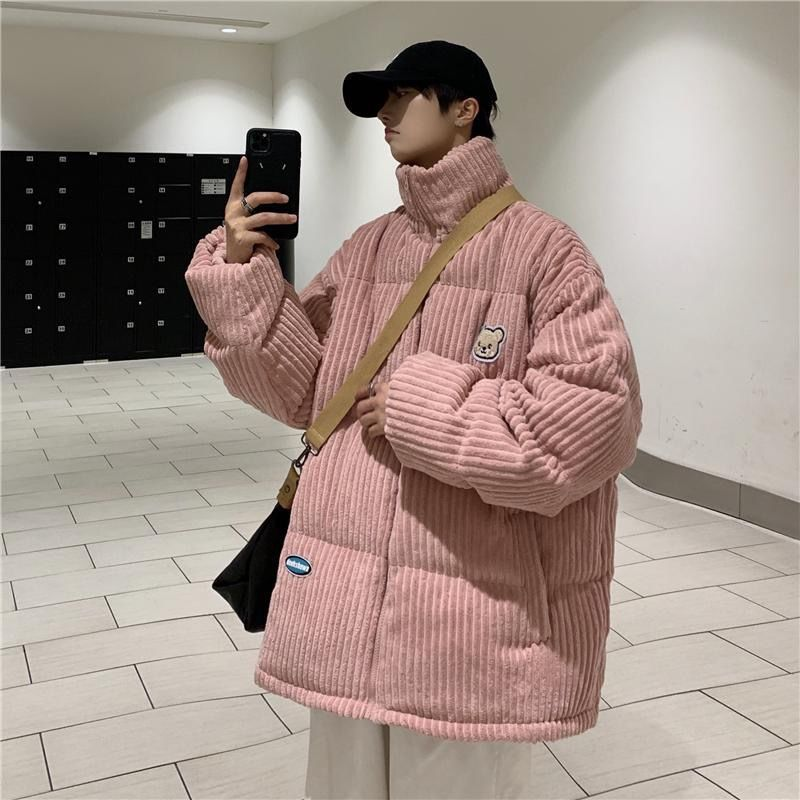 Corduroy cott men's new embroidered bear winter jacket with cotton thickening trend label, handsome couple_voghion.com