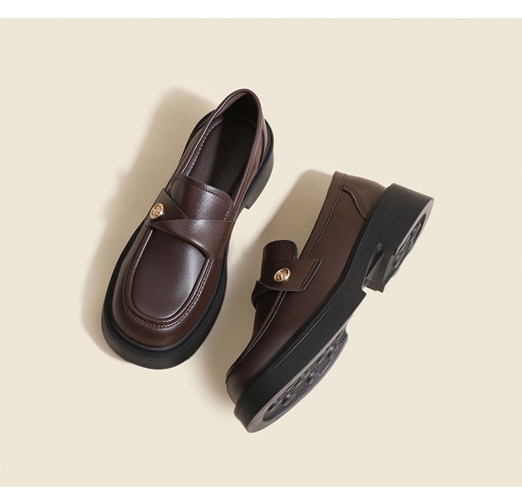 Sheepskin Gold Coin Loafers Women's 2025 Spring & Fall New Arrival Thick Sole Middle Heel Brown British Style Leather_voghion.com