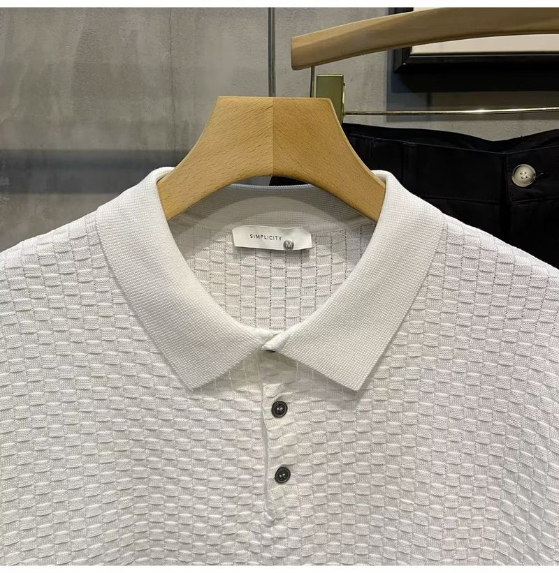 Herrenbekleidung Sommer New Ins Revers Kurzarm Poloshirt Herren Leichtes Luxus All Match Einfarbiges Kariertes Textur T-Shirt_voghion.com