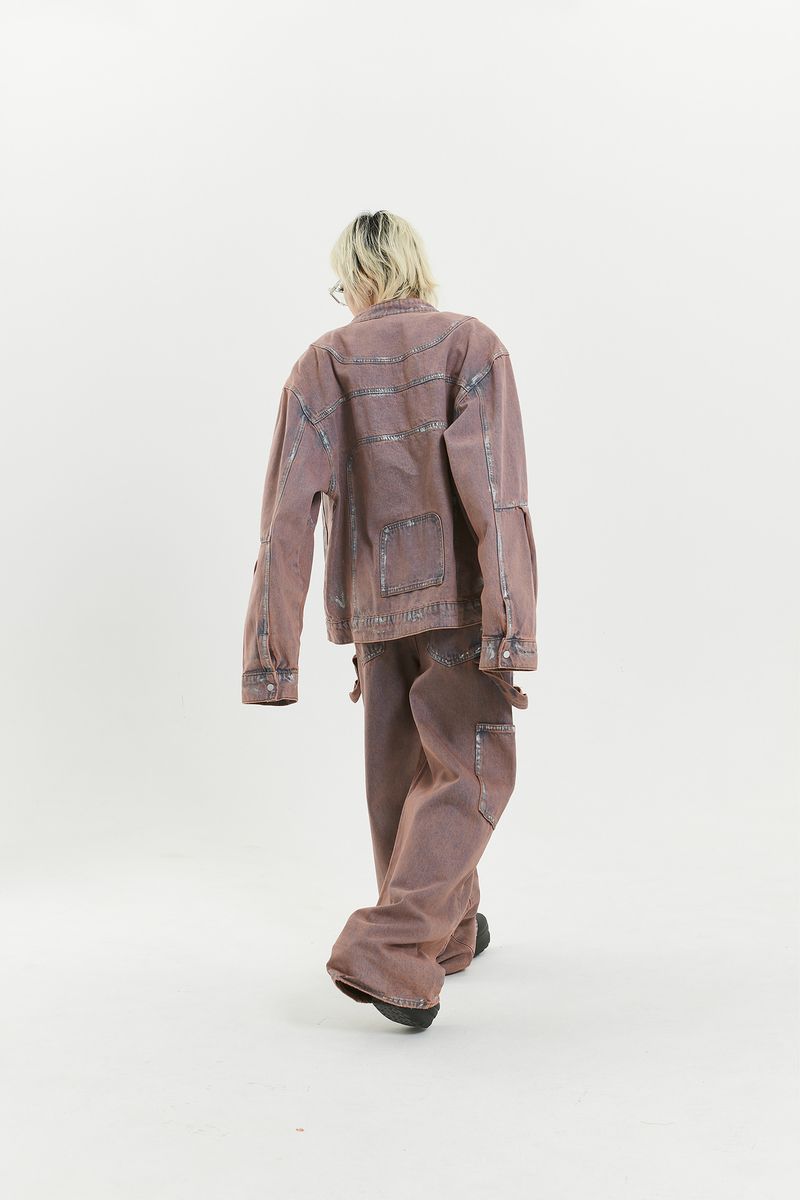Giacca e pantaloni in denim lavato con schizzi di inchiostro, design hip-hop americano, primavera-autunno 2024, per donna_voghion.com