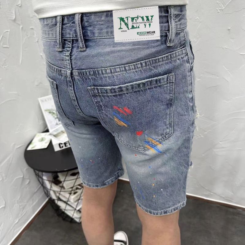 Men's Distressed Denim Shorts - Trendy Light Blue Ripped & Hand-Painted Design (S-2XL, High Stretch, Low Rise)_voghion.com
