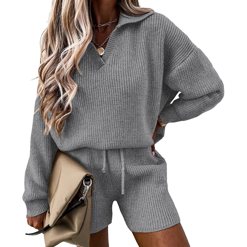 Damenbekleidung Damen V-Ausschnitt Langarmoberteil Kordelzug Weite Beinshorts Damen Freizeitpullover Zweiteiliges Set_voghion.com