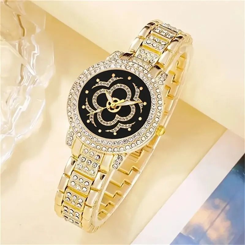 Fünfteiliges Set mit diamantbesetzter Damenmode-Quarzuhr mit römischen Ziffern_voghion.com