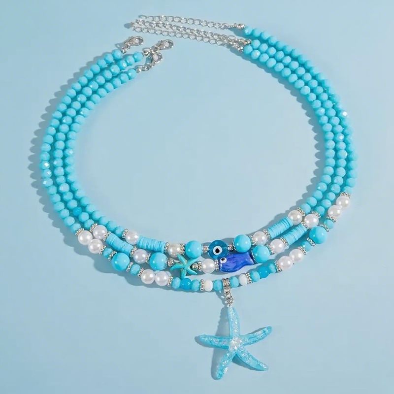 Schmucksets Halskette Ohrring Set Ring Armband Set 3-teiliges Set Mode Ozean Stil Blau Kristall Weicher Ton Perle Anhänger Halskette Geeignet F_voghion.com