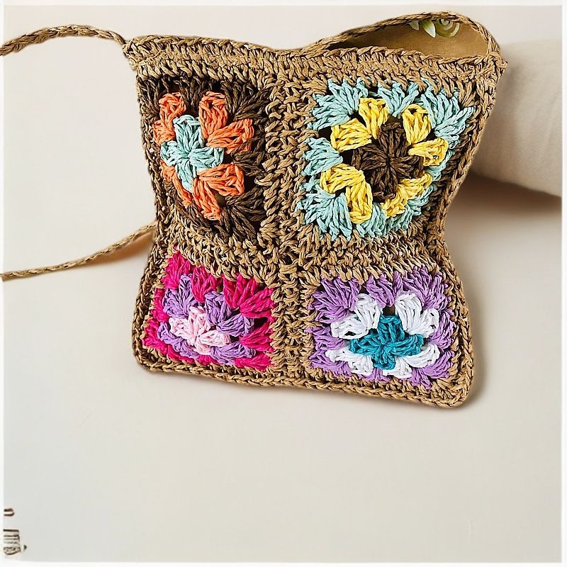 Borsa a secchiello in paglia lavorata all'uncinetto in stile bohémien, fatta a mano, con dettagli a frange, a tracolla e a spalla_voghion.com