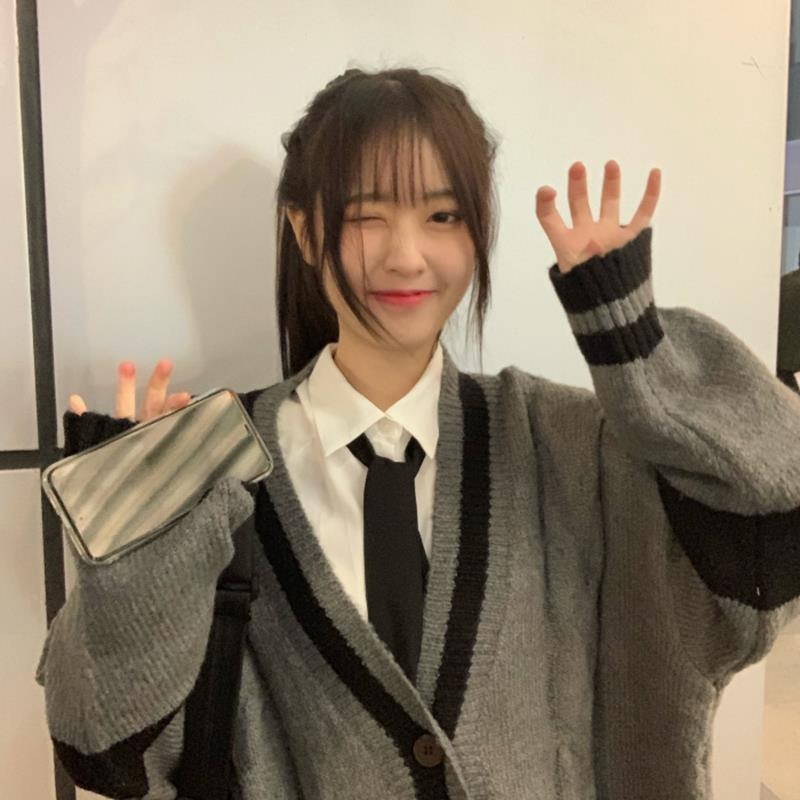 Cárdigan de punto a rayas gris Deeptown para mujer estilo coreano Haruku Ovsize Jump Preppy moda femenina Tops_voghion.com