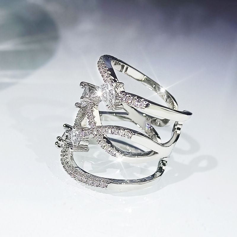 Creative Versatile Tree Leaf Ear Stud Clip Earrings Women's Copper Platinum Plated Zircon Ring Necklace Three-Piece Set_voghion.com