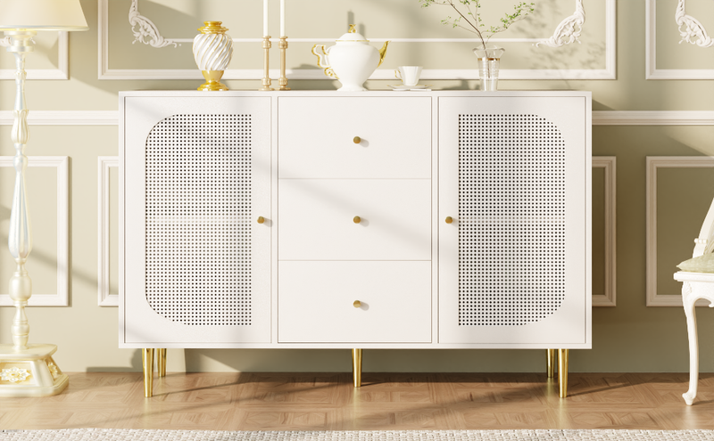 Credenza Weiß 120x90cm Mit Rattantür, Schublade, Holzschrank_voghion.com