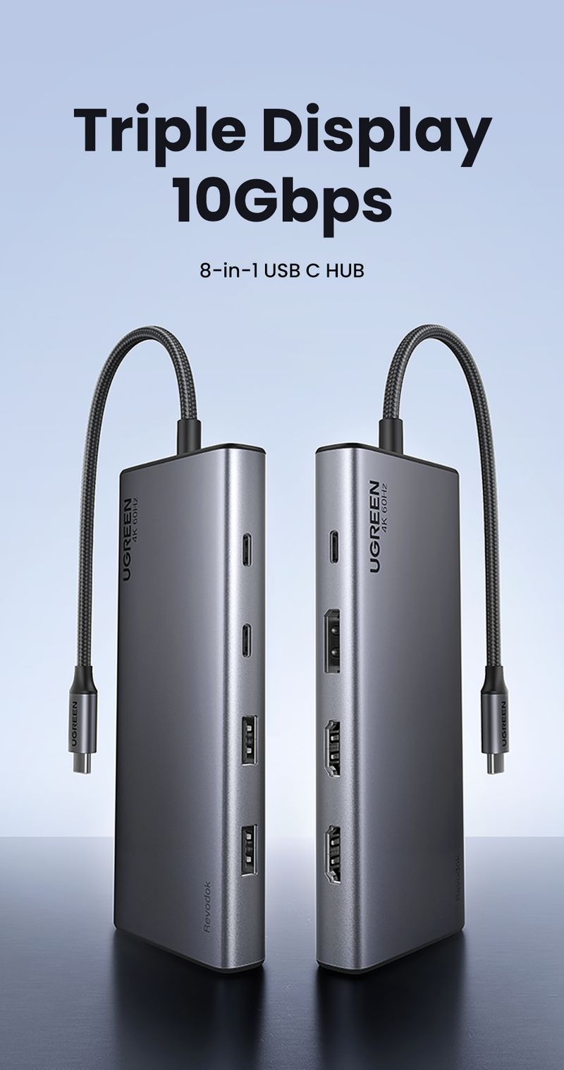 UGREEN Triple Display USB C HUB 10Gbps 4K Adapter 8-in-1 Splitter With HDMI DP USB3.2 PD 100W Dock For MacBook Pro Air PC_voghion.com