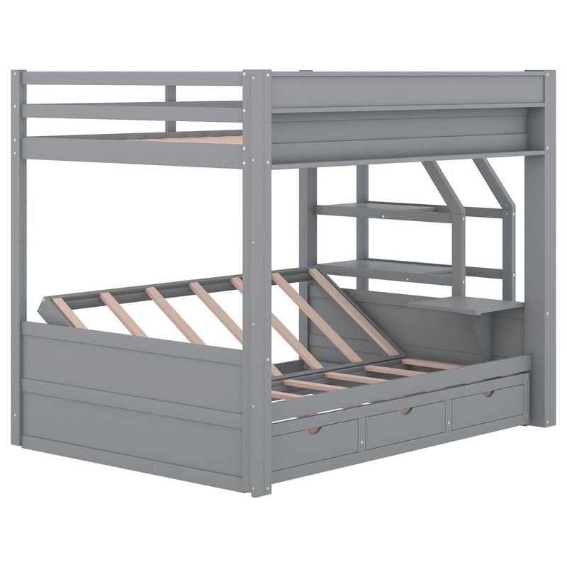 Wood Full Size Convertible Bunk Bed With Storage Staircase, Bedside Table, And 3 Drawers_voghion.com