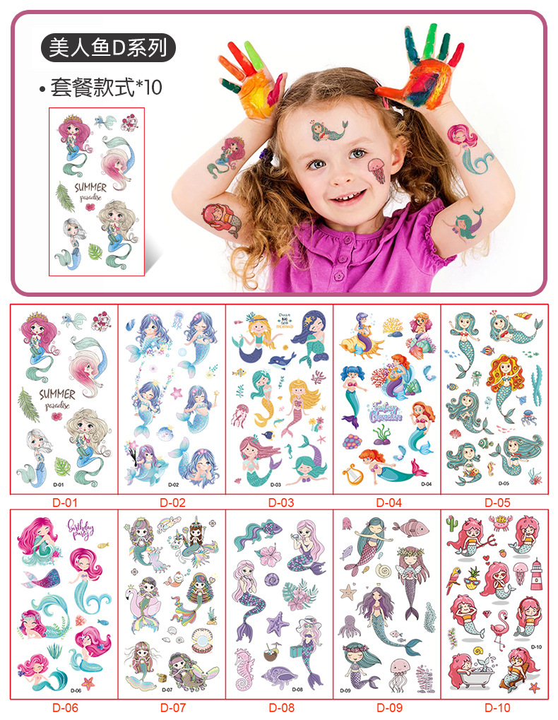 Faux tatouages imperméables, 10 feuilles, autocollants à motifs mignons, tatouages temporaires d'océan pour enfants, décoration de fête d'anniversaire_voghion.com