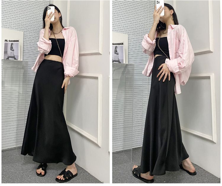 2024 Summer New Luxury High Waist Slim Satin Smooth French Fishtail Wrap Hip Long Half Skirt Children's_voghion.com