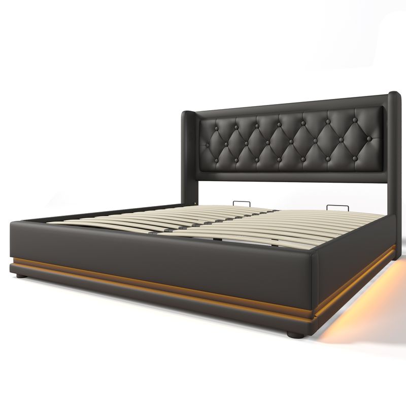 Lit double 160 x 200 cm, matelas en polyuréthane noir, lit coffre hydraulique avec chargement USB Type-C et éclairage LED sur 3 côtés, tête de lit rembourrée (matelas inclus)._voghion.com