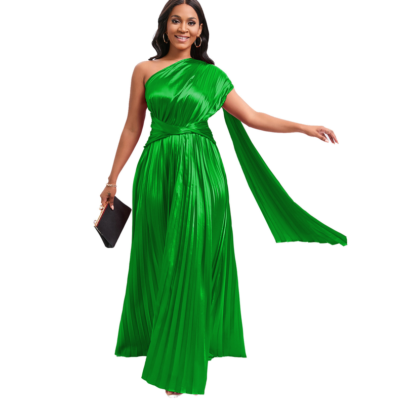 women's clothing new one-shoulder pleated long skirt oblique collar waist dress _voghion.com