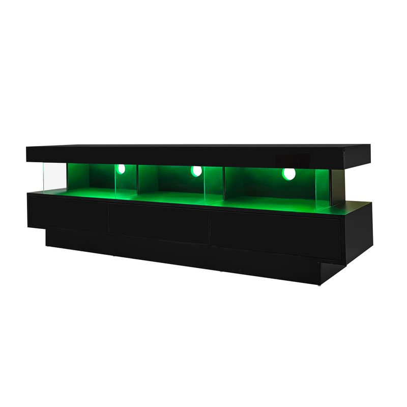 Meuble TV noir brillant 160 x 38 x 50,5 cm avec 3 étagères en verre, éclairage LED, contrôle par application et connectivité Bluetooth pour téléviseur 70 pouces._voghion.com