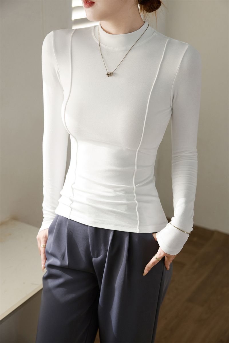 Women's Clothing Maillard high end design 2024 autumn and winter new half high collar T shirt women's long sleeved slim bottoming shirt top trend_voghion.com