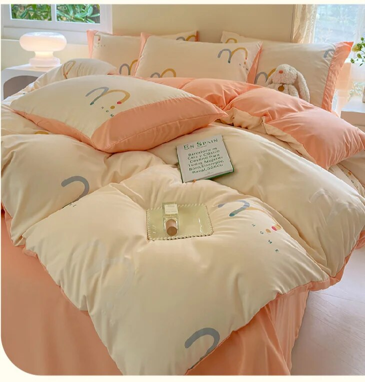 Set di tre pezzi di biancheria da letto per dormitorio a quattro molle di classe A, lenzuolo e copripiumino stampati con cartoni animati minimalisti_voghion.com