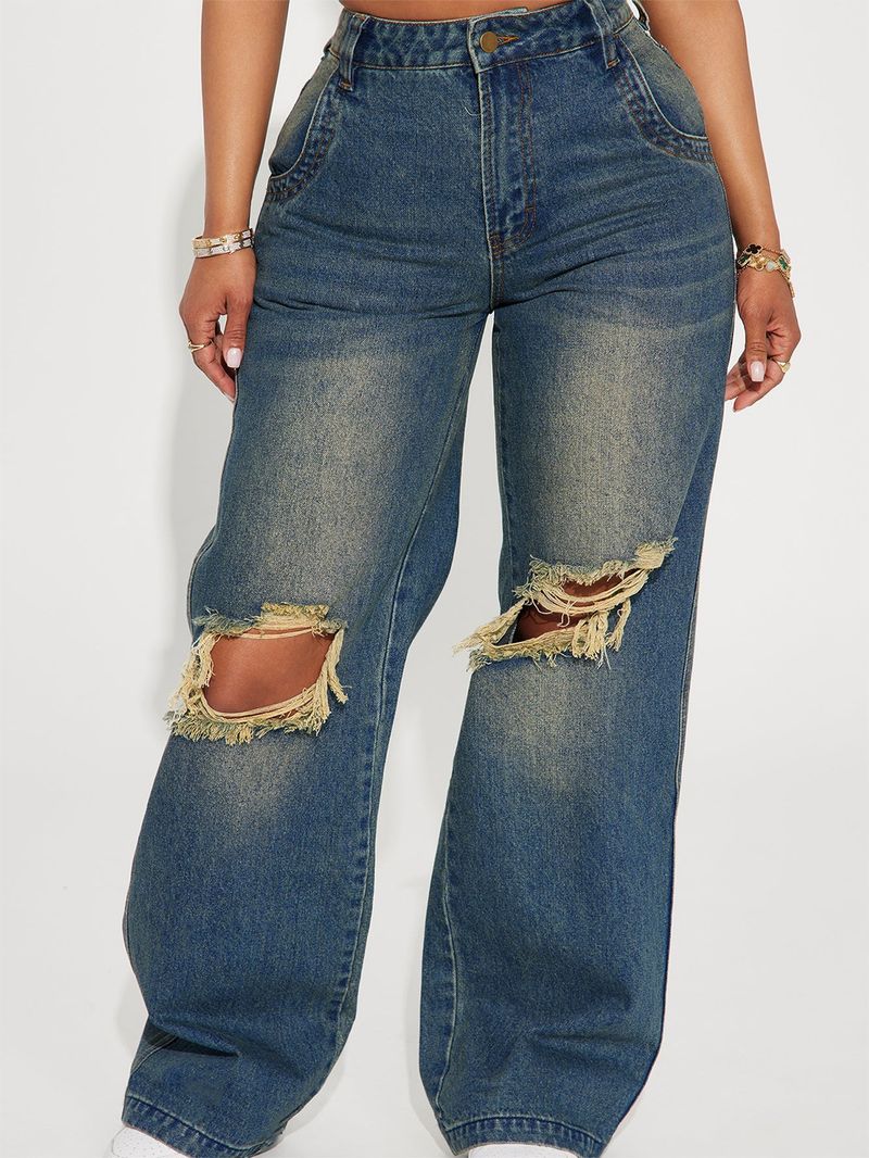 Pantaloni in denim a gamba larga con fori al ginocchio lavati da donna_voghion.com