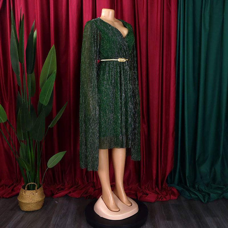 Damenbekleidung Neue V-Ausschnitt Temperament Langarm Cape Taille Kleid Rock_voghion.com