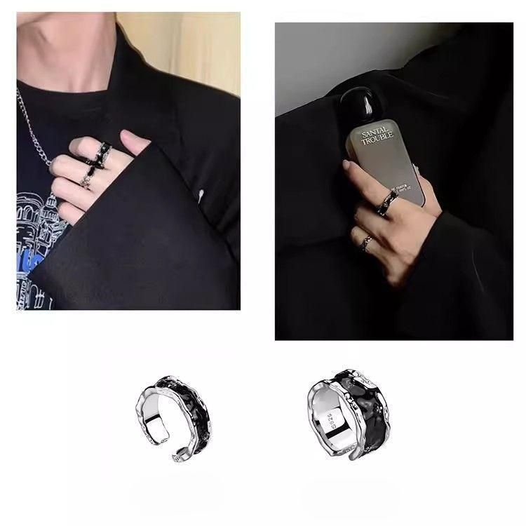 Wang Hedi Same Style For Men Black Rhinestone Trendy Open Adjustable High-end Index Finger Ring_voghion.com