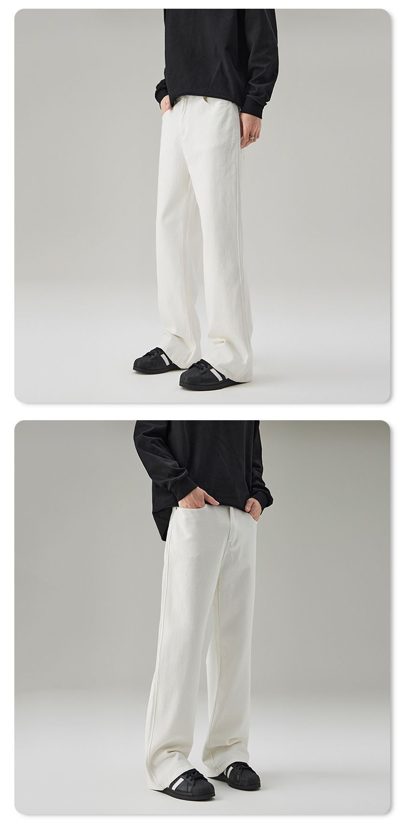 JIAMU Hochwertige weiße Stretch-Schlagjeans für Herren, Bootcut, lockere Hose, lässige Nischenhose_voghion.com