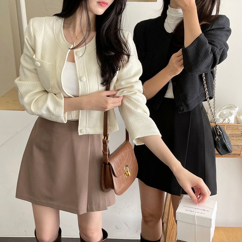 Korean Chic2024 Spring and Autumn French Round Neck Single breasted Coarse Spinning Small Fragrant Style Short Jacket_voghion.com