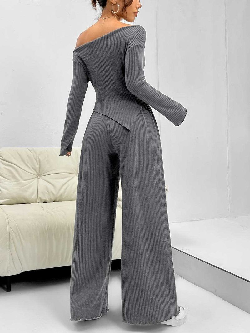 Women's Clothing Autumn And Winter Fashion Casual Suits Knitted One Shoulder Collar Plus Wide Leg Trousers Two Piece Suits_voghion.com