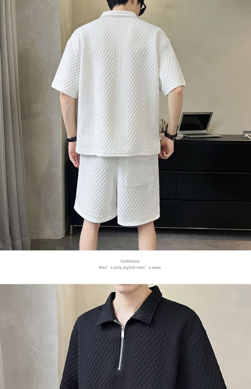 "Men's Ice Silk Sports Suit Light Luxury Polo Shirt With Half Zipper, Loose Fit Short Sleeve T-Shirt Set Casual Outfit For Gym_voghion.com