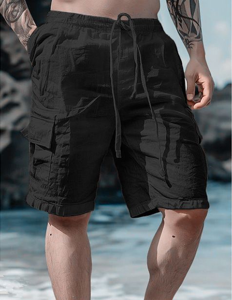 Cargoshorts voor heren met meerdere zakken en trekkoord - Ademende zomershorts van linnen en katoen voor strand, wandelen en vrijetijdskleding_voghion.com