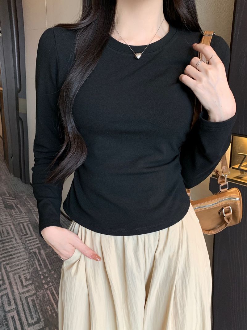 521 # 40 count pure cotton (92 cotton/8 spandex) 2024 autumn long sleeved T-shirt women's waist cinched top_voghion.com