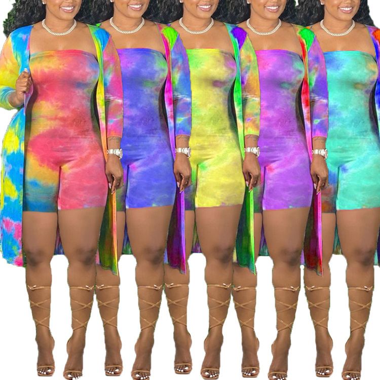 INS New Casual Home Sexy Tie-Dye Jumpsuit Long Sleeve Cardigan Two-Piece Set For Women_voghion.com