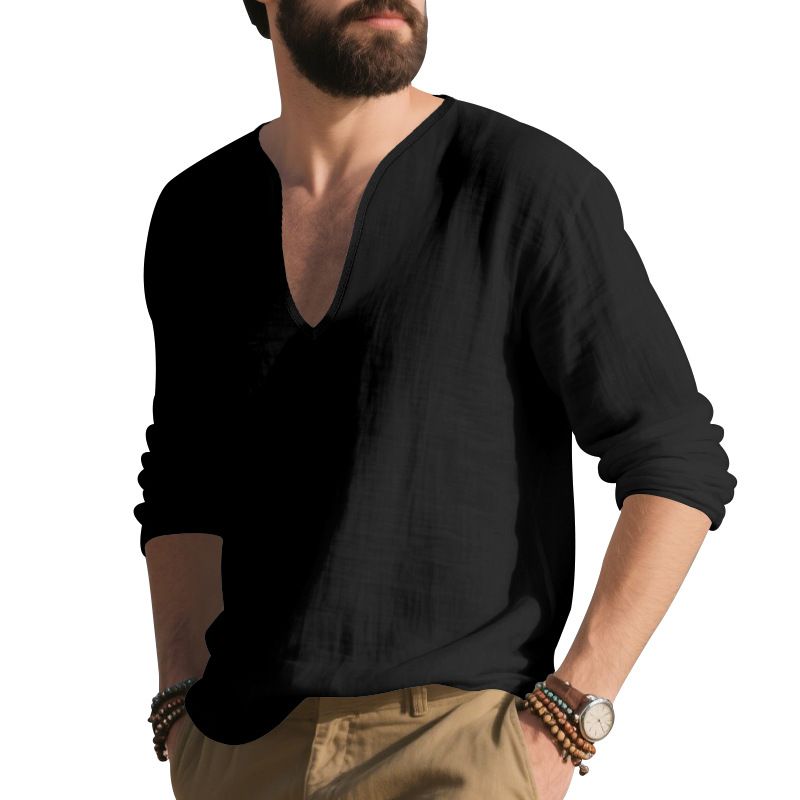 Maglietta a maniche lunghe da uomo in lino, casual, traspirante, con scollo a V, taglia grande, nuova collezione autunno-inverno_voghion.com