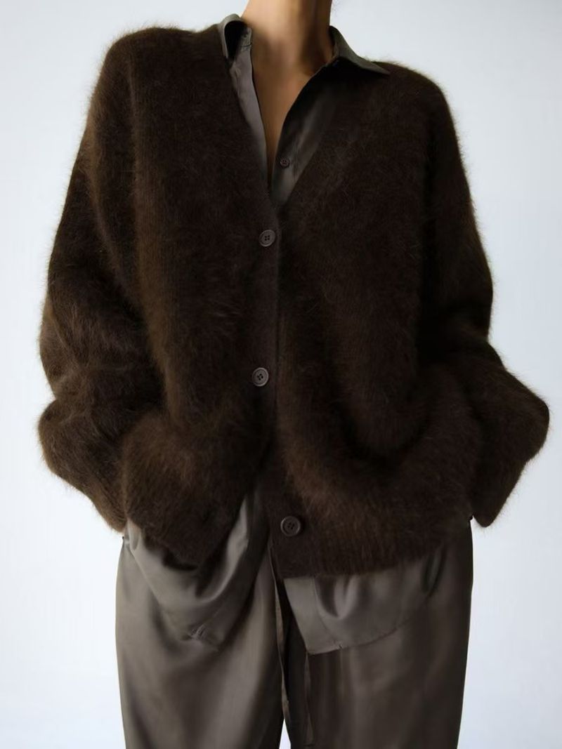 Damenbekleidung Luxuriöser Oversize-Cardigan mit V-Ausschnitt Grobstrickpullovermantel für Damen – Langärmliger Duster aus weicher Nerzmischung mit offener Vorderseite_voghion.com