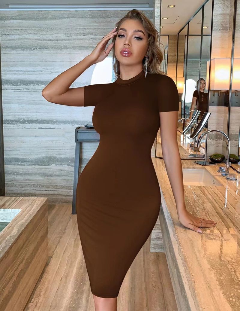 Summer Solid Color Standing Hanging Neck Long Knitted Mid Waist Air Bag Hip Dress For Women_voghion.com
