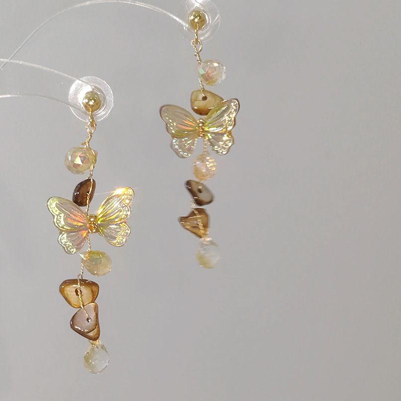 Silver Needle Crystal Water Drop Butterfly Shell Tassel Forest Style Fresh Light Luxury High-end Earrings_voghion.com