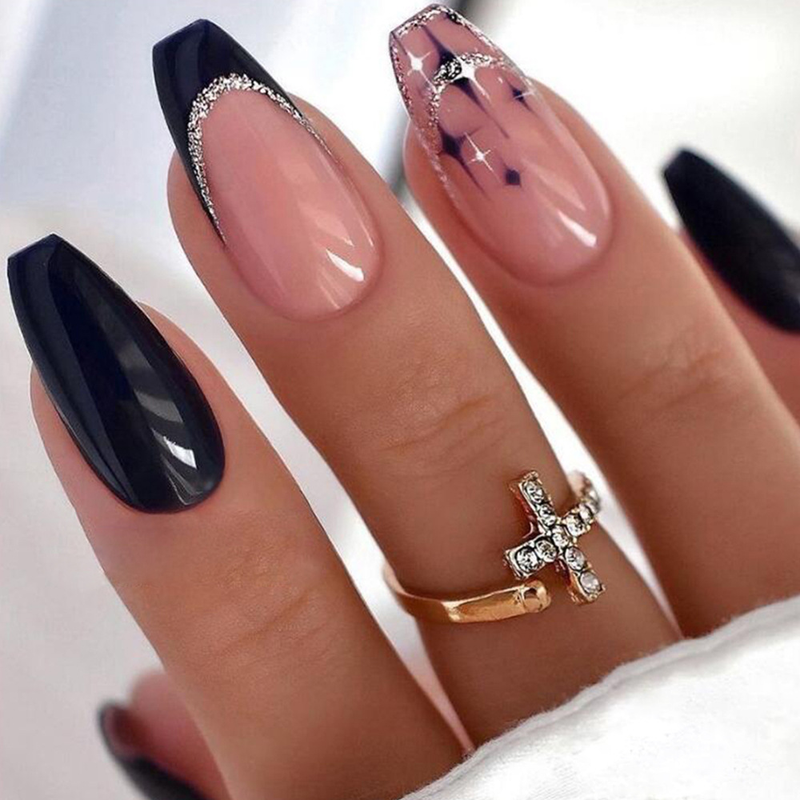 French 24Pcs Simple False Nails with Shiny Powder Mid-length Square Fake Nail Full Cover Nail Tip Wearable Bal_voghion.com