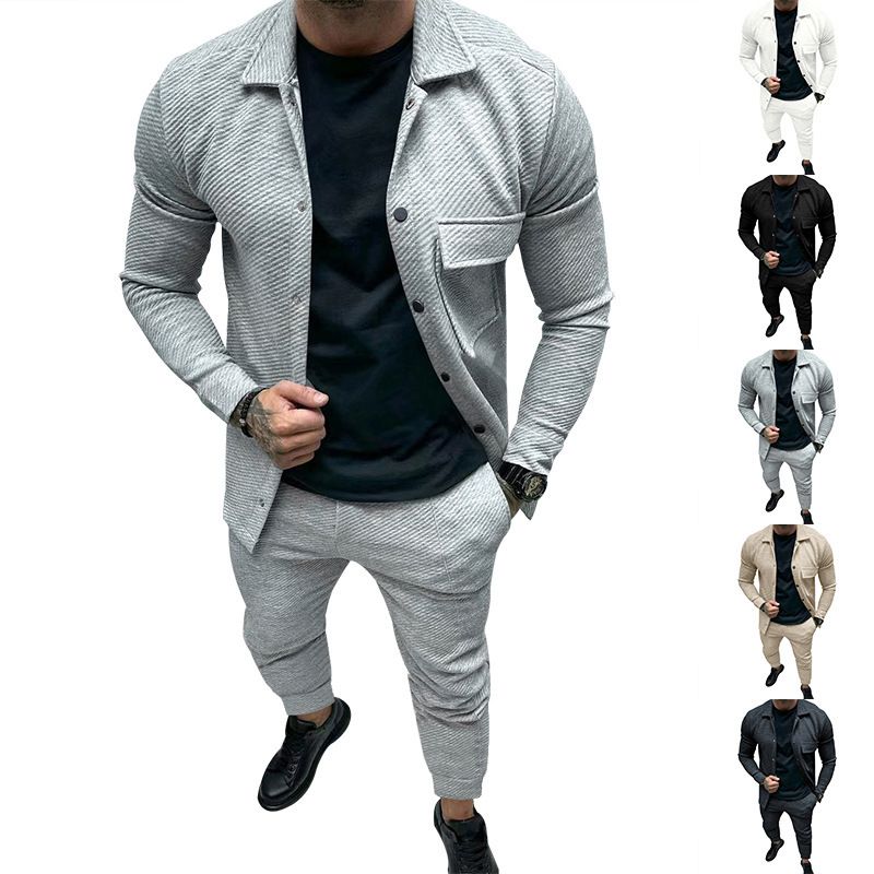 Höst- och vinterdiagonaljacka casualbyxor nytt enfärgat jacquard-set för män i två delar_voghion.com