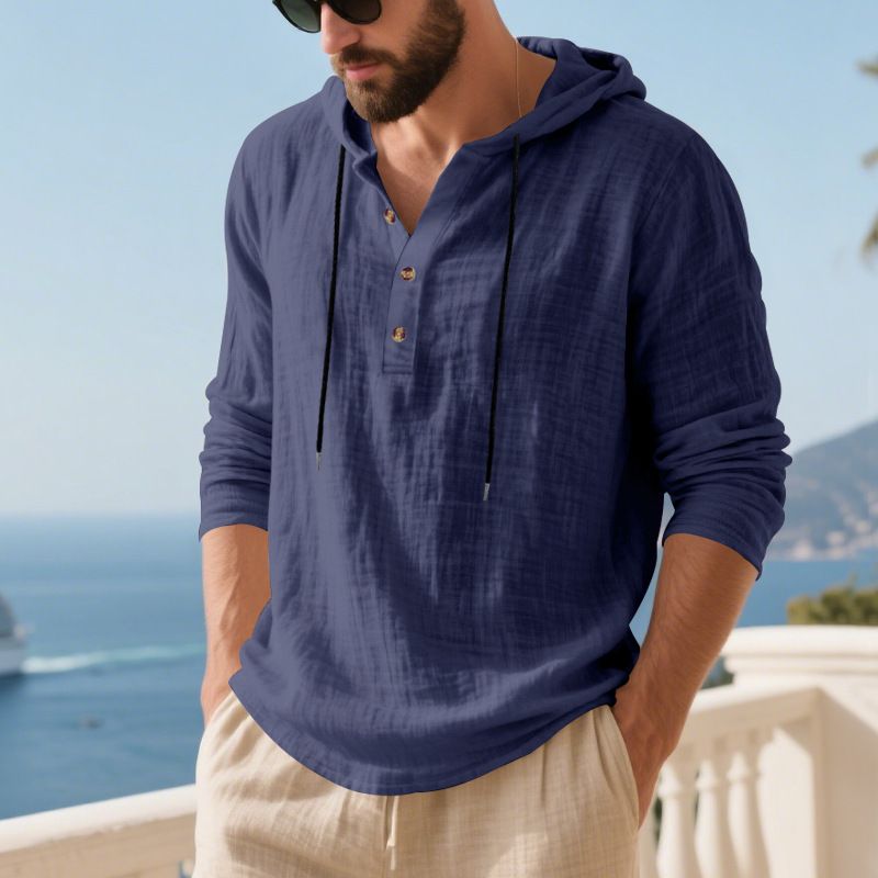 Herren-Kapuzenhemd aus Leinenmischung – Leichtes und atmungsaktives Langarm-Strandhemd (Schwarz/Grau/Armeegrün, lockere Passform, maschinenwaschbar)_voghion.com