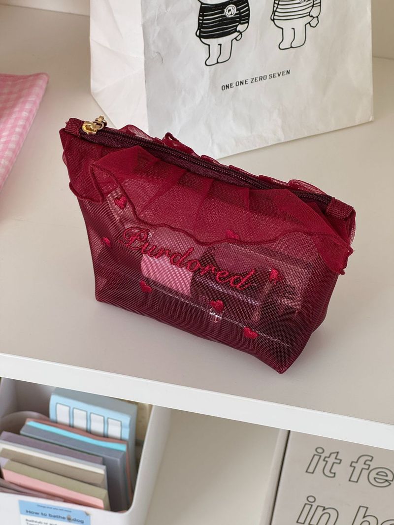 Gerüschte Netztasche, hochwertiges Mädchen-Herz-Ins-Stil, tragbar, atmungsaktiv, Aufbewahrungstasche für Lippenstiftproben_voghion.com