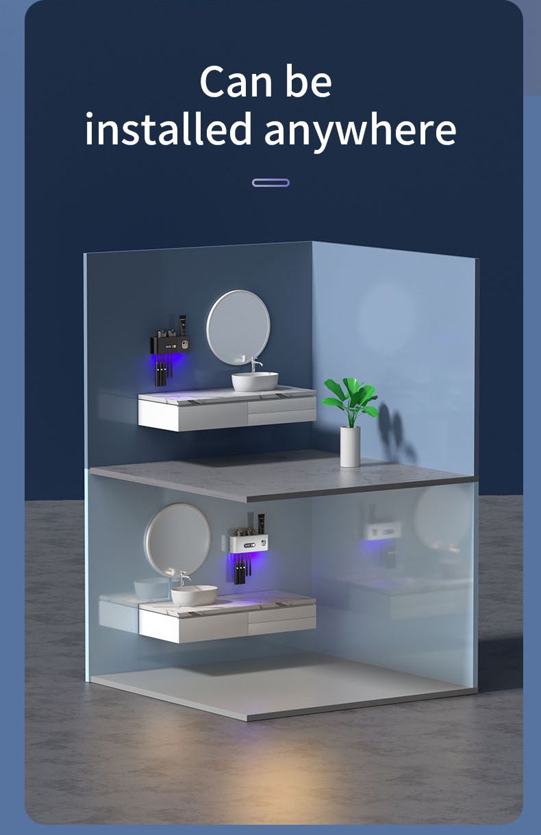 UV Smart Toothbrush Holder Sterilizer Electric Drying Storage Rack Wall-Mounted No Drilling Required_voghion.com