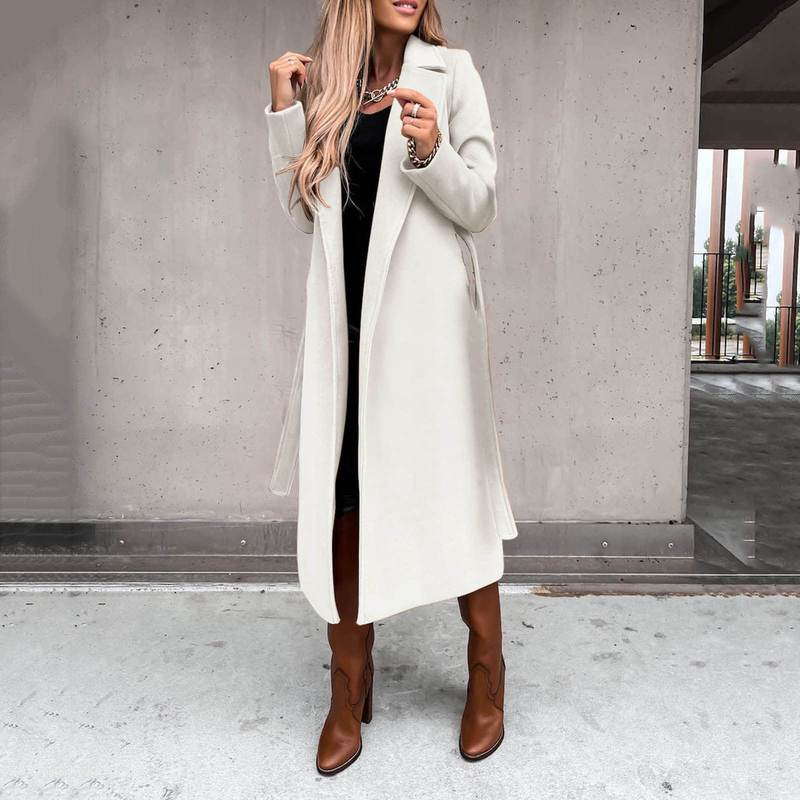 Autumn and winter women's solid color lapel long-sleeved woolen jacket simple strappy windbreaker_voghion.com